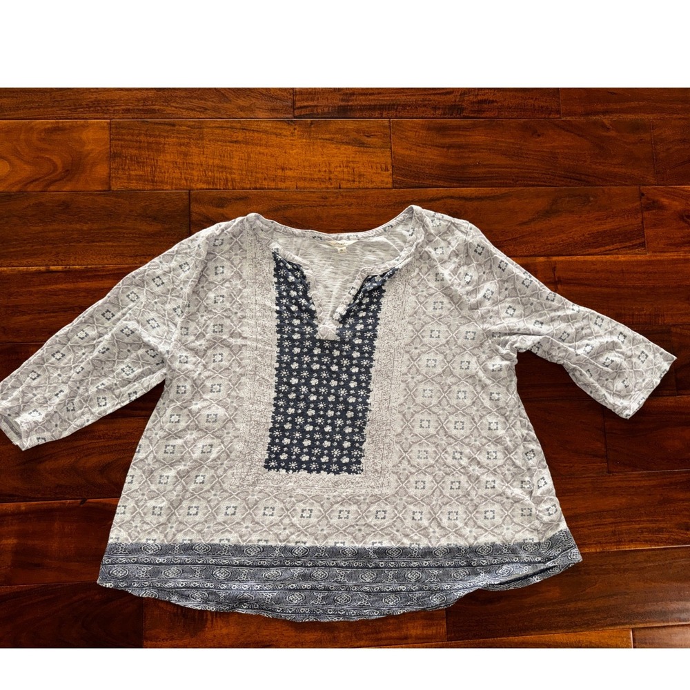 Lucky Brand Split Neck Top Womens 2X Grey Navy Blue Excellent Boho Slub Knit 3/4